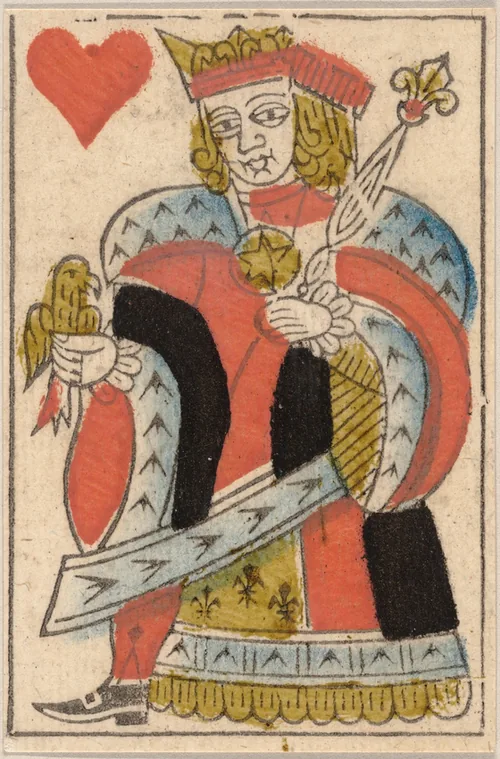 A woodcut King of Hearts in red, black and gold, holding a bird.