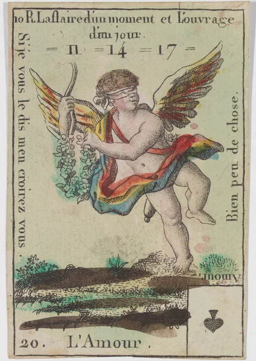 A hand-coloured French card: a blindfolded Cupid with rainbow wings.
