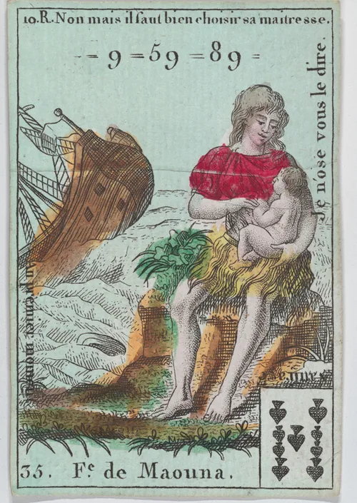 A hand-coloured French card: a mother and child on a rock, a ship wrecked behind them.