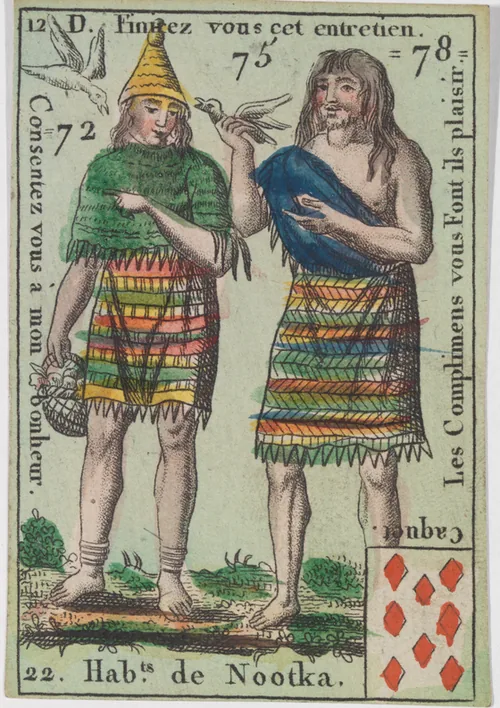 A hand-coloured French card: two figures in striped dress, a bird between them.