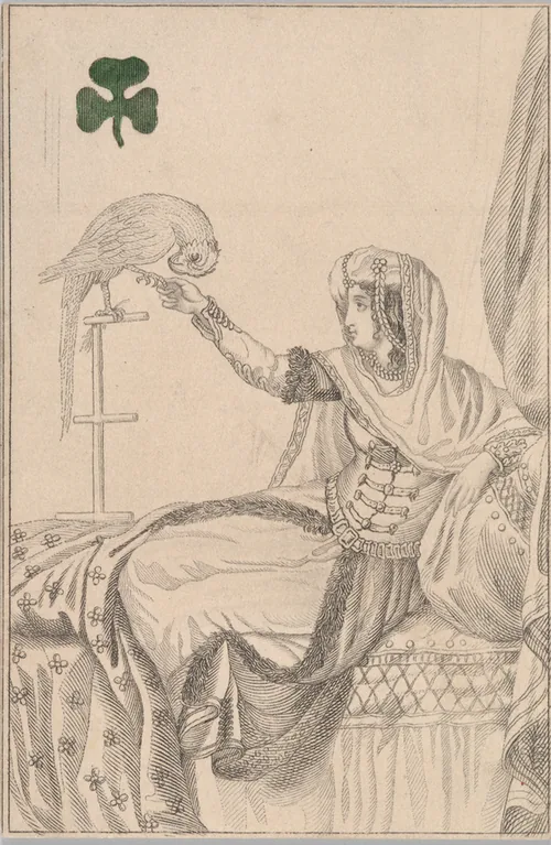 An engraved queen of clubs, a woman in a veil feeding a parrot.