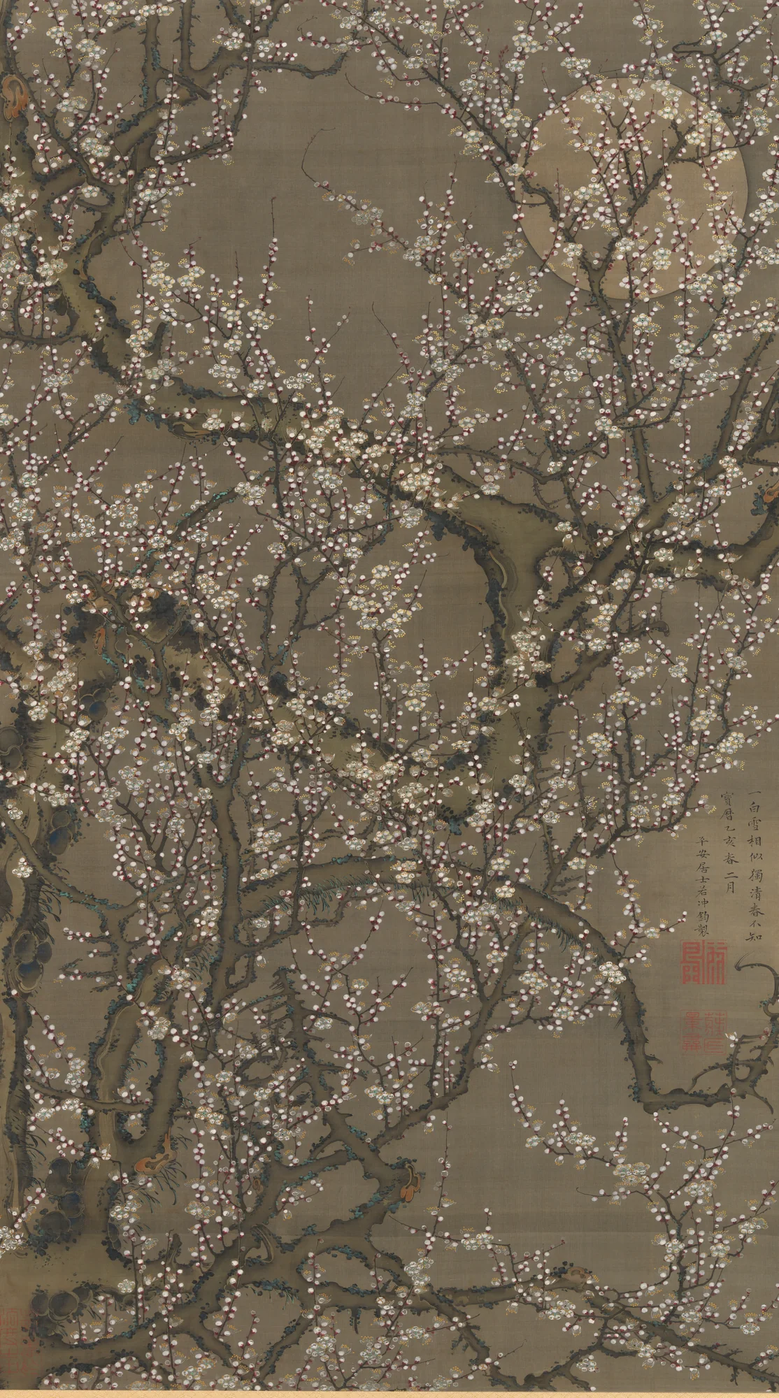 A hanging scroll: a white plum tree in full blossom under a pale full moon.