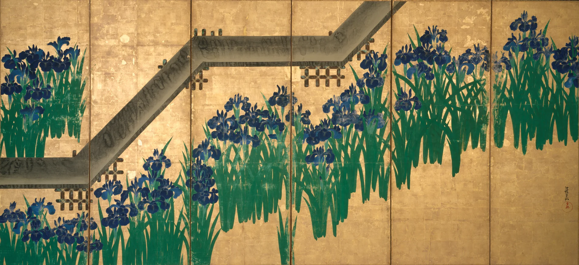 A pair of gold-leaf folding screens: blue irises growing along a zigzag wooden bridge.