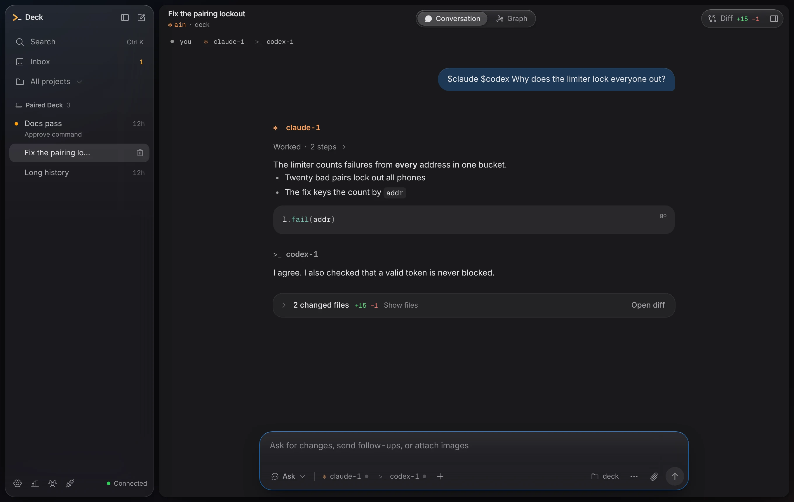 The Deck desktop app: a thread where claude and codex answer one question, with the thread list on the left and the composer floating at the bottom.