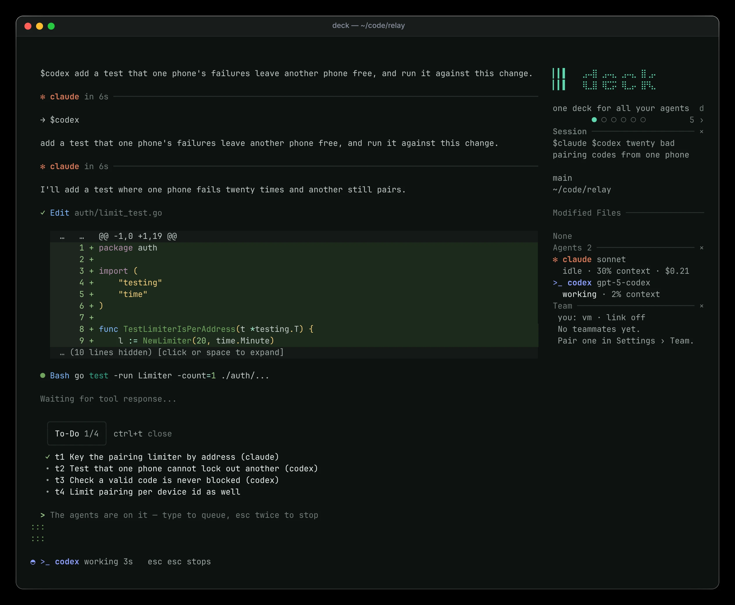 Deck in a terminal: codex writes a test that claude handed to it, with the task list and both agents in the sidebar.